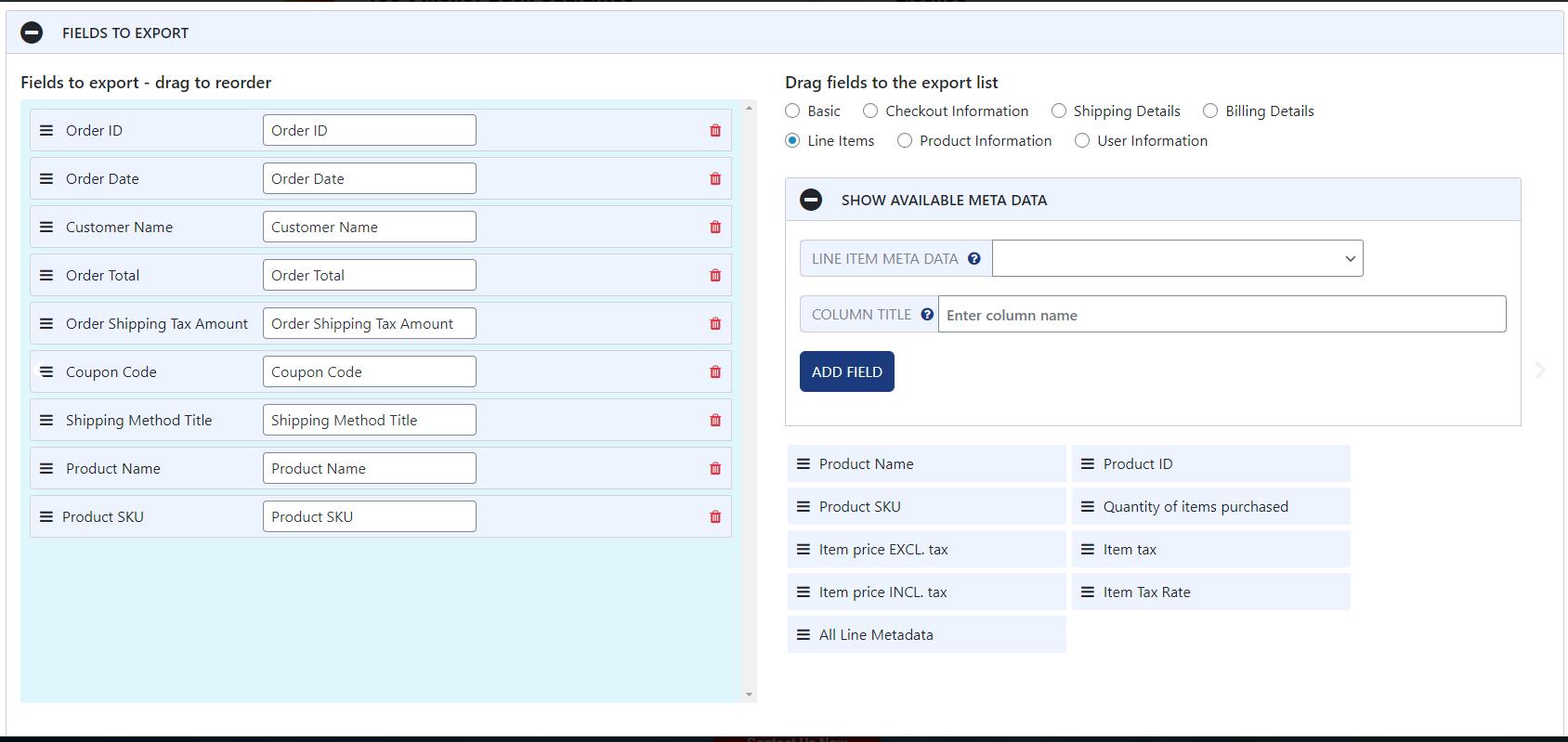 WooCommerce Export Orders Fields to Export