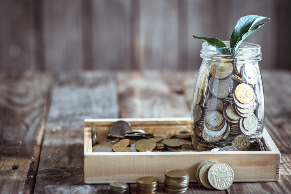 Bank With Coins and Green Sprout