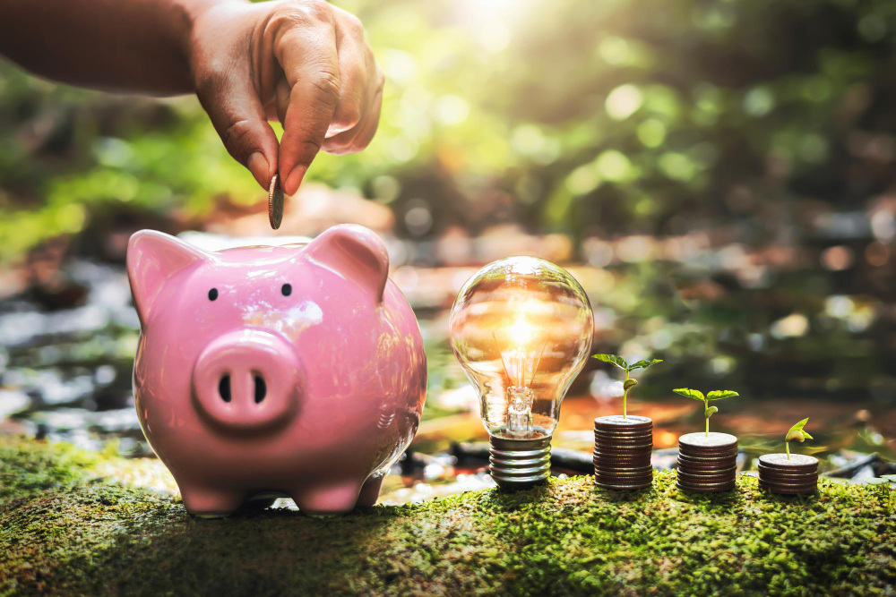 Hand Putting of Coins Into Piggy Bank With Lightbulb and Money in Nature