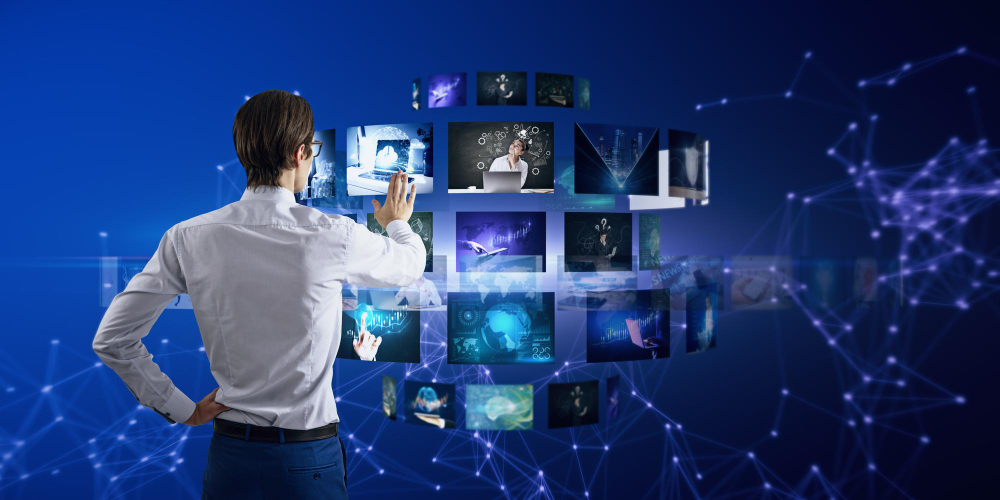 Back View of Attractive Young European Businessman With Creative Digital Picture Gallery