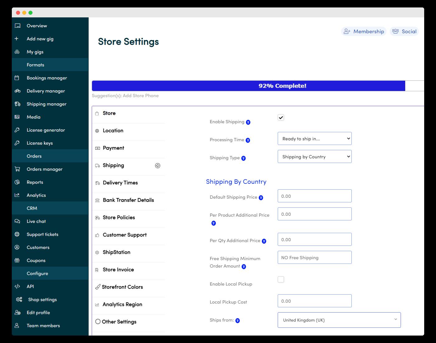 Gigrove Store Settings